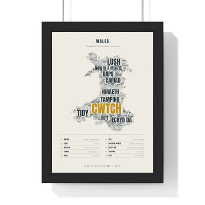 Welsh Sayings Word Map in a black frame, one of the three prints in the Welsh set