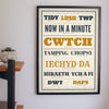 Welsh Slang Print framed on a wall