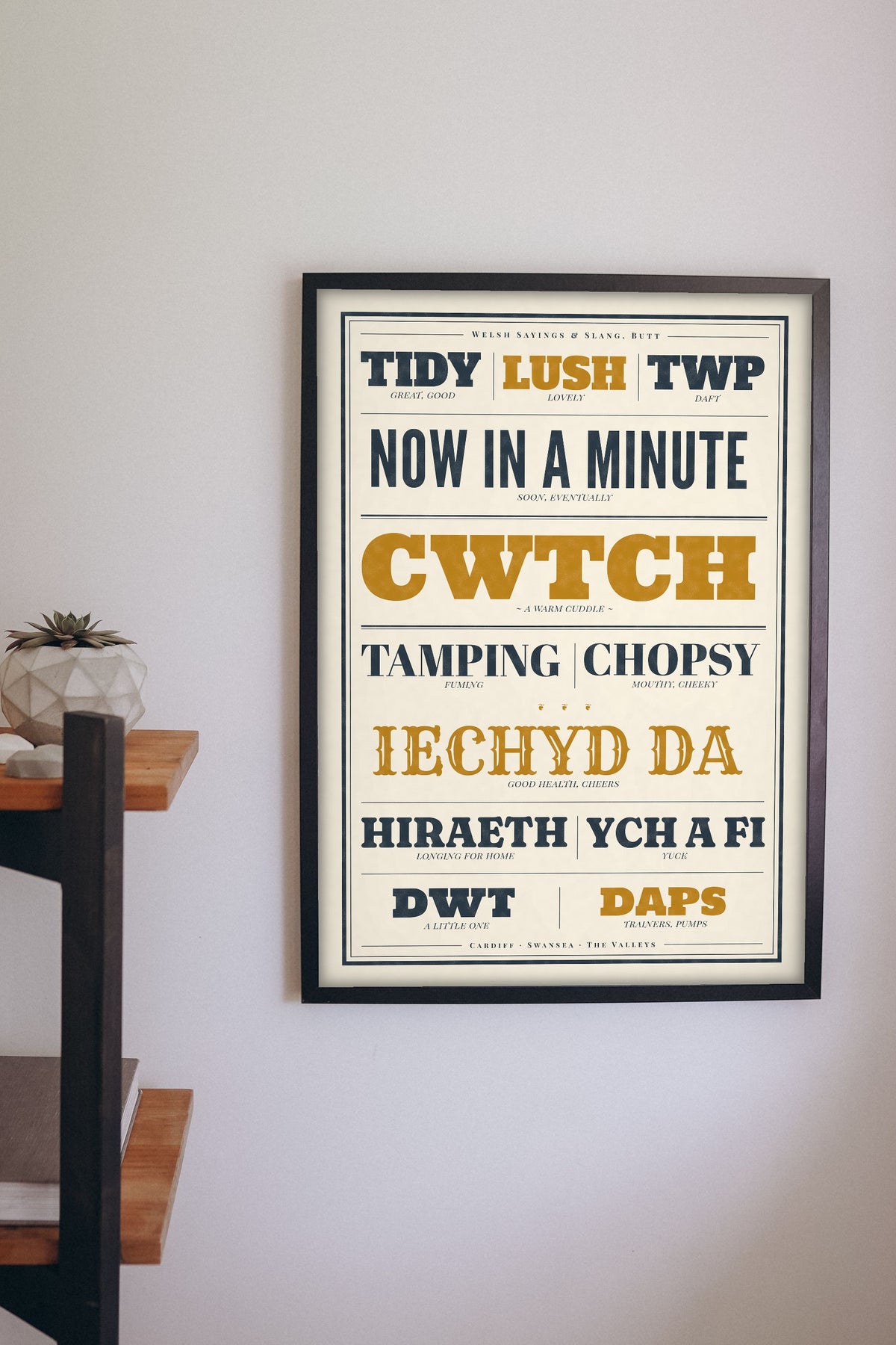 Welsh Slang Print framed on a wall