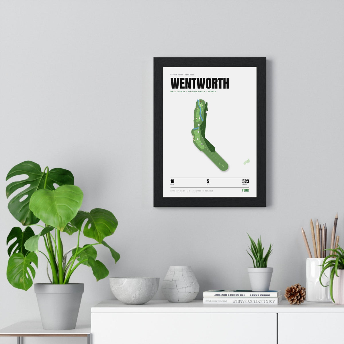Wentworth 18th Hole White print framed on a living room wall