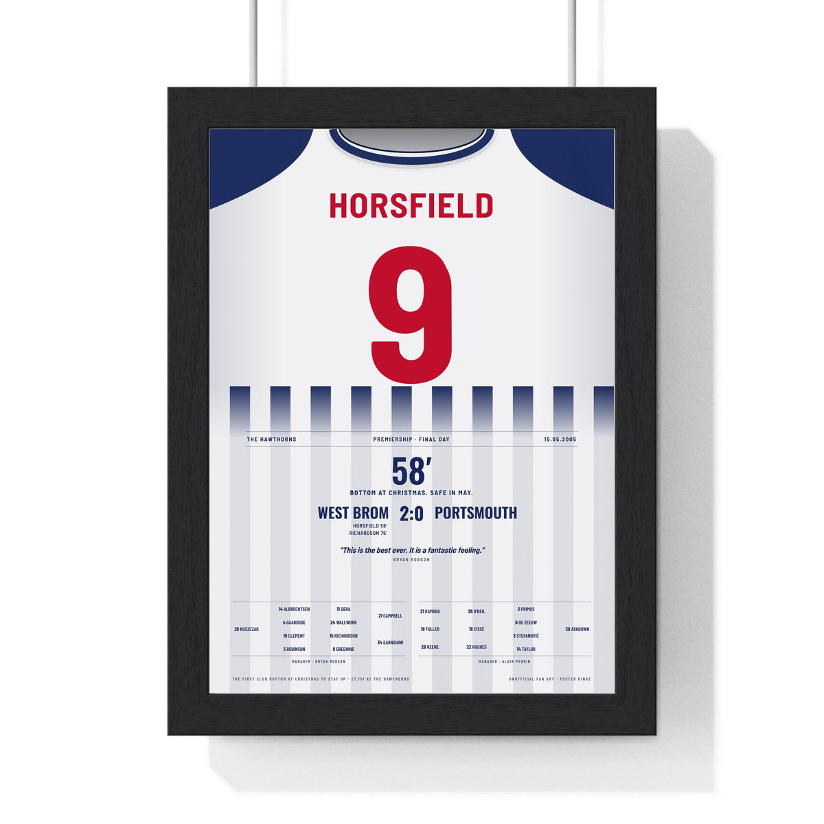West Brom Great Escape 2005 Poster - Geoff Horsfield 9 Hawthorns Shirt Print framed in a black frame, ready to hang