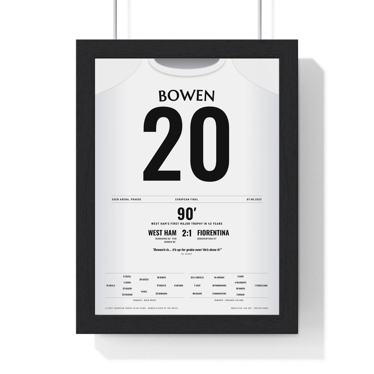 West Ham Bowen 20 Prague 2023 European Final Poster framed in a black frame, ready to hang