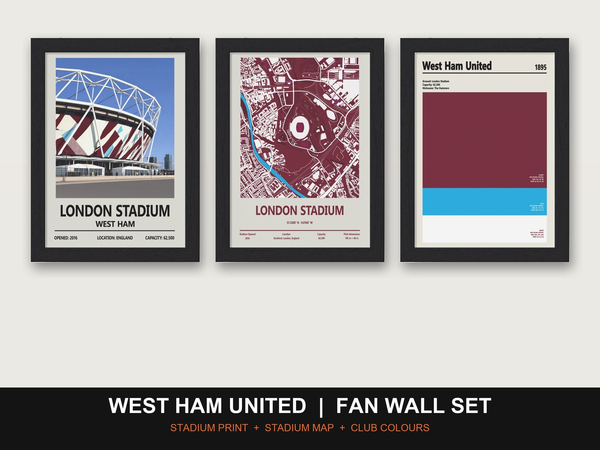 West Ham United Fan Wall Set | London Stadium Print, Stadium Map & Club Colours