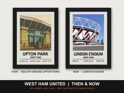 West Ham United Then & Now Stadium Set - framed prints shown together as a set