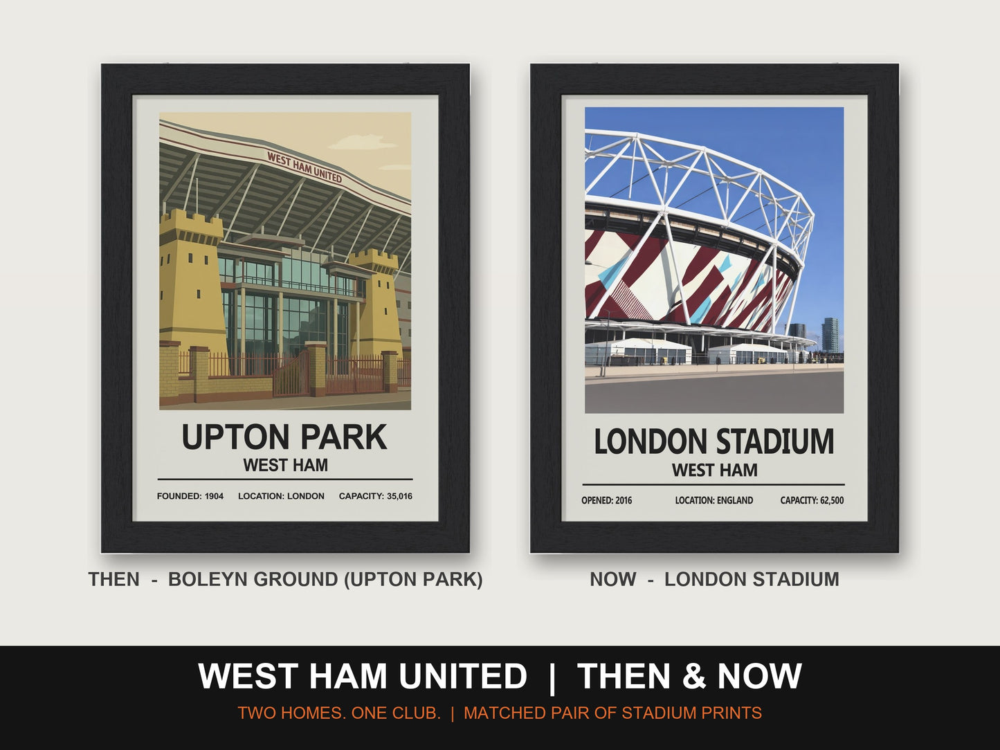 West Ham United Then & Now Stadium Set | Boleyn Ground (Upton Park) + London Stadium Prints