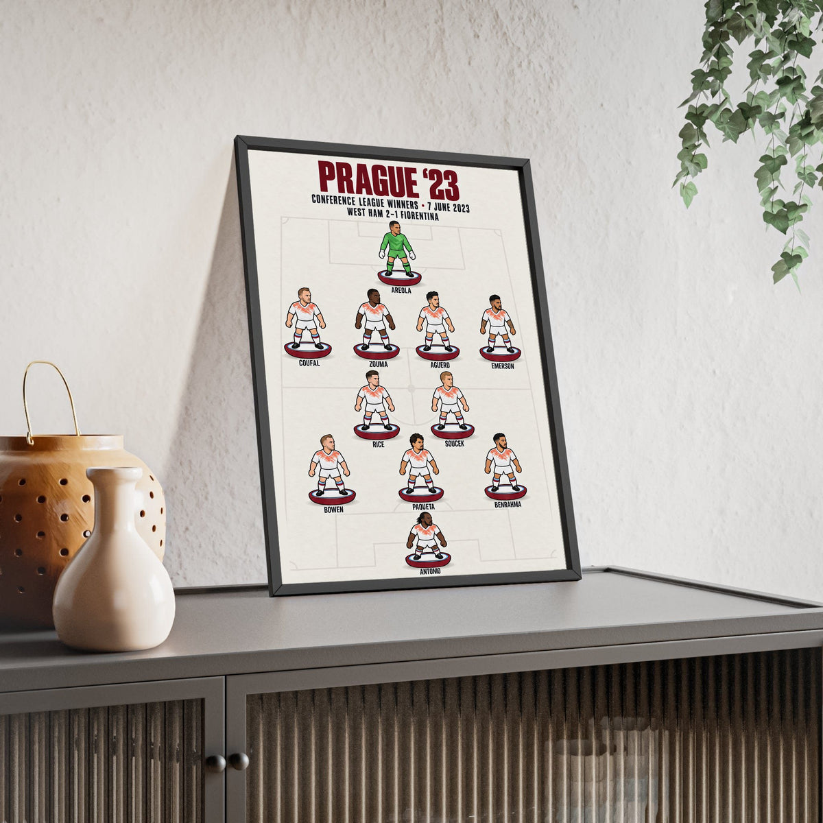 West Ham United Prague 2023 XI framed print leaning on a sideboard