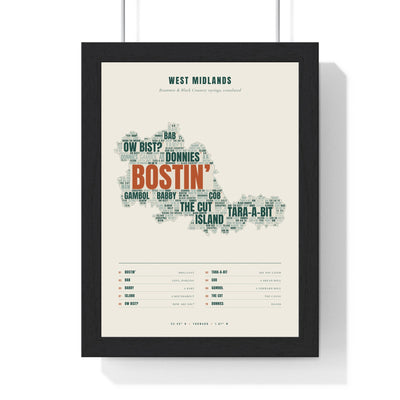 West Midlands Sayings Word Map in a black frame, one of the three prints in the Brummie set