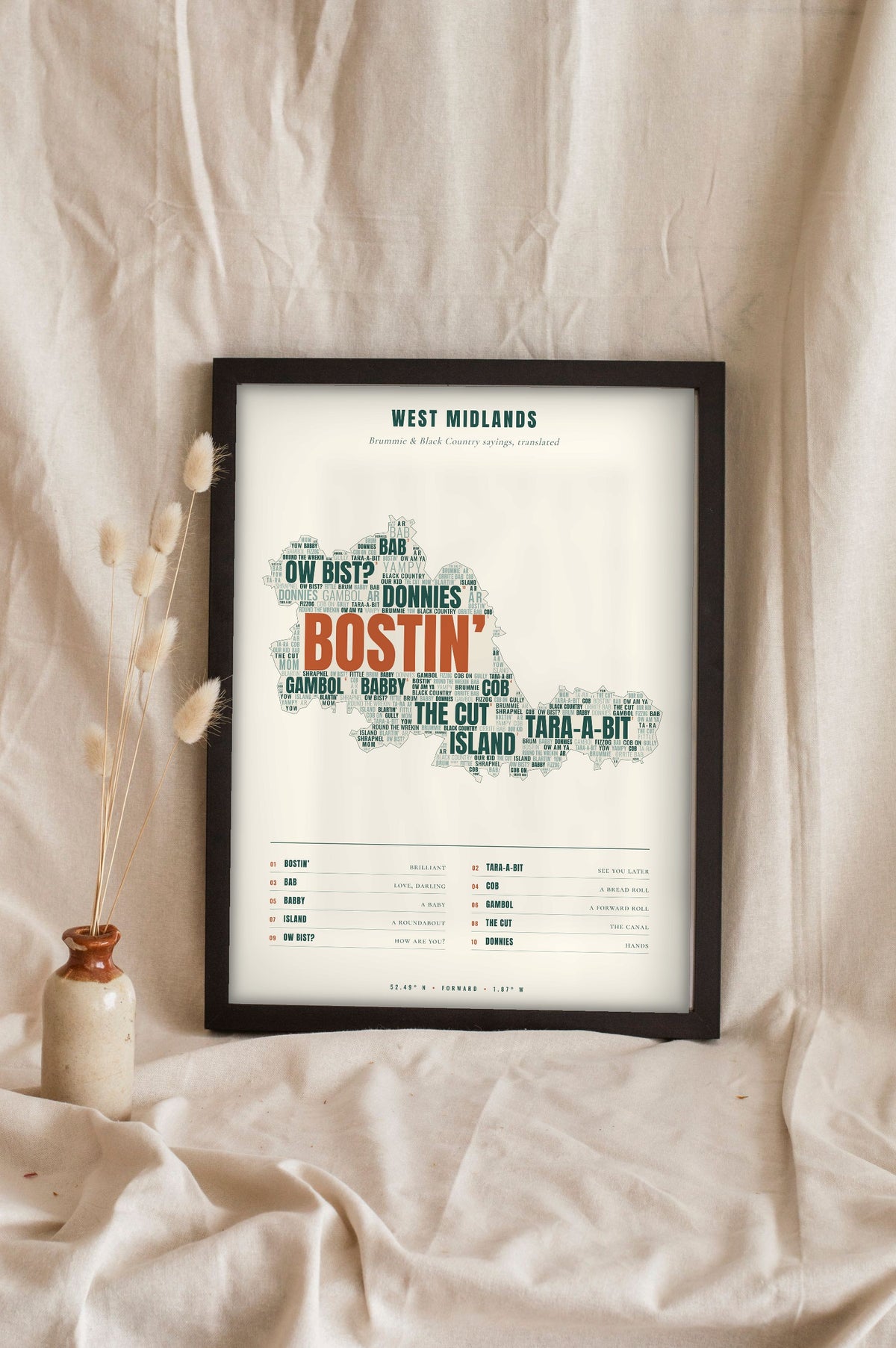 West Midlands Sayings Print in a black frame propped up on linen