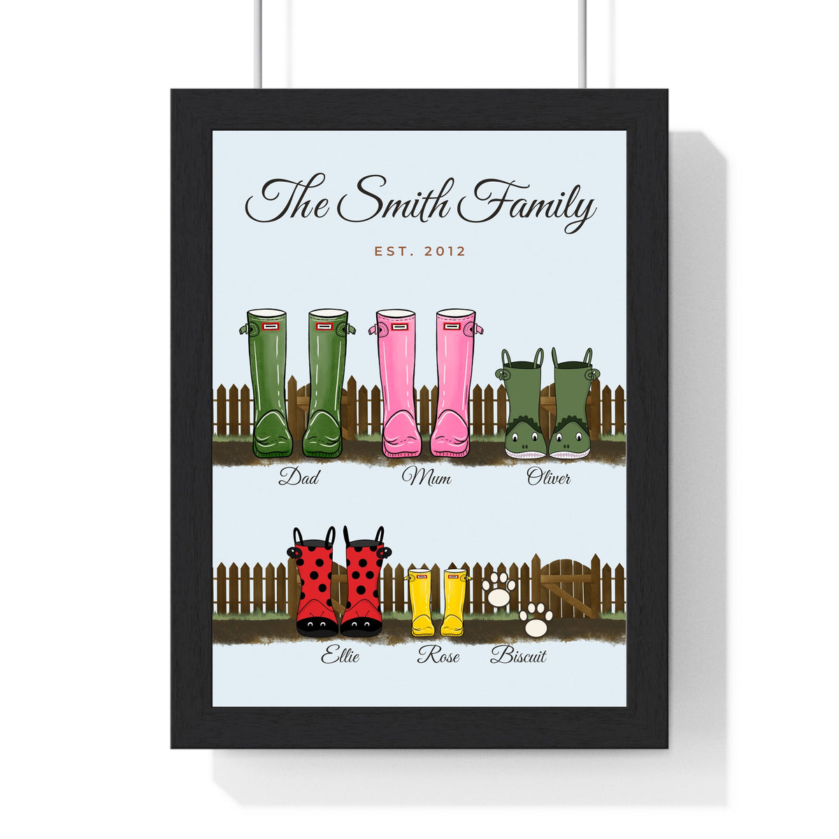 Personalised Family Welly Boots Print - framed family welly boots print with garden gate