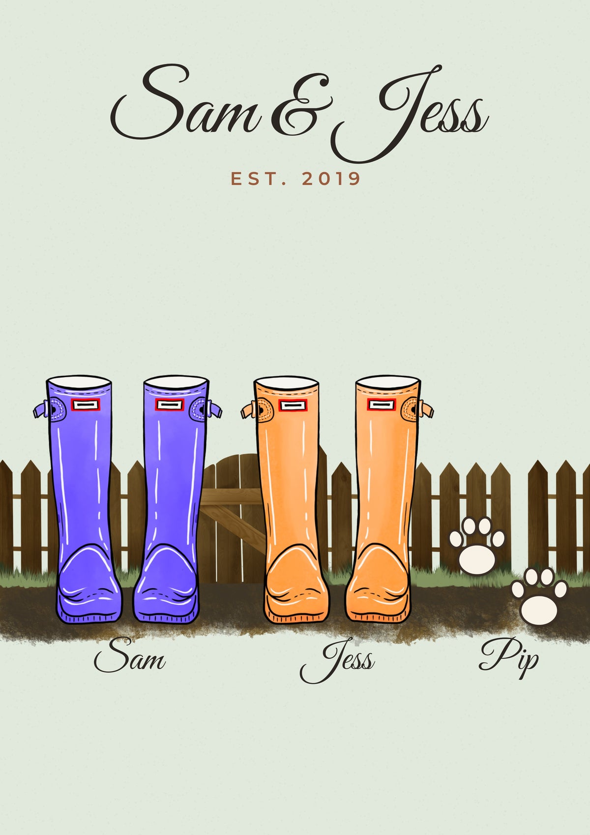 Personalised Family Welly Boots Print - couple and dog wellies by the gate