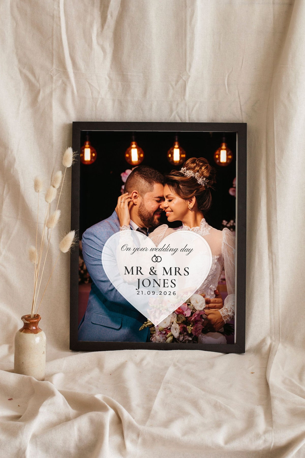 Personalised Wedding Day Photo Print - Lifestyle - leaning in a frame with dried flowers