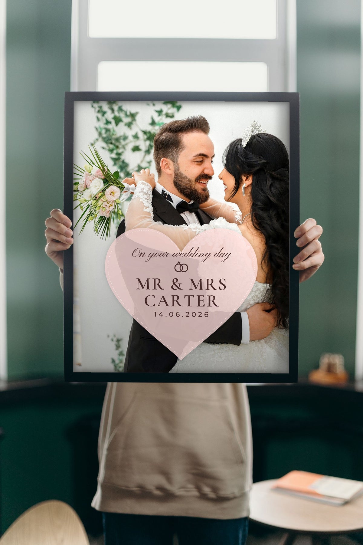Personalised Wedding Day Photo Print - Lifestyle - held up in a bright room