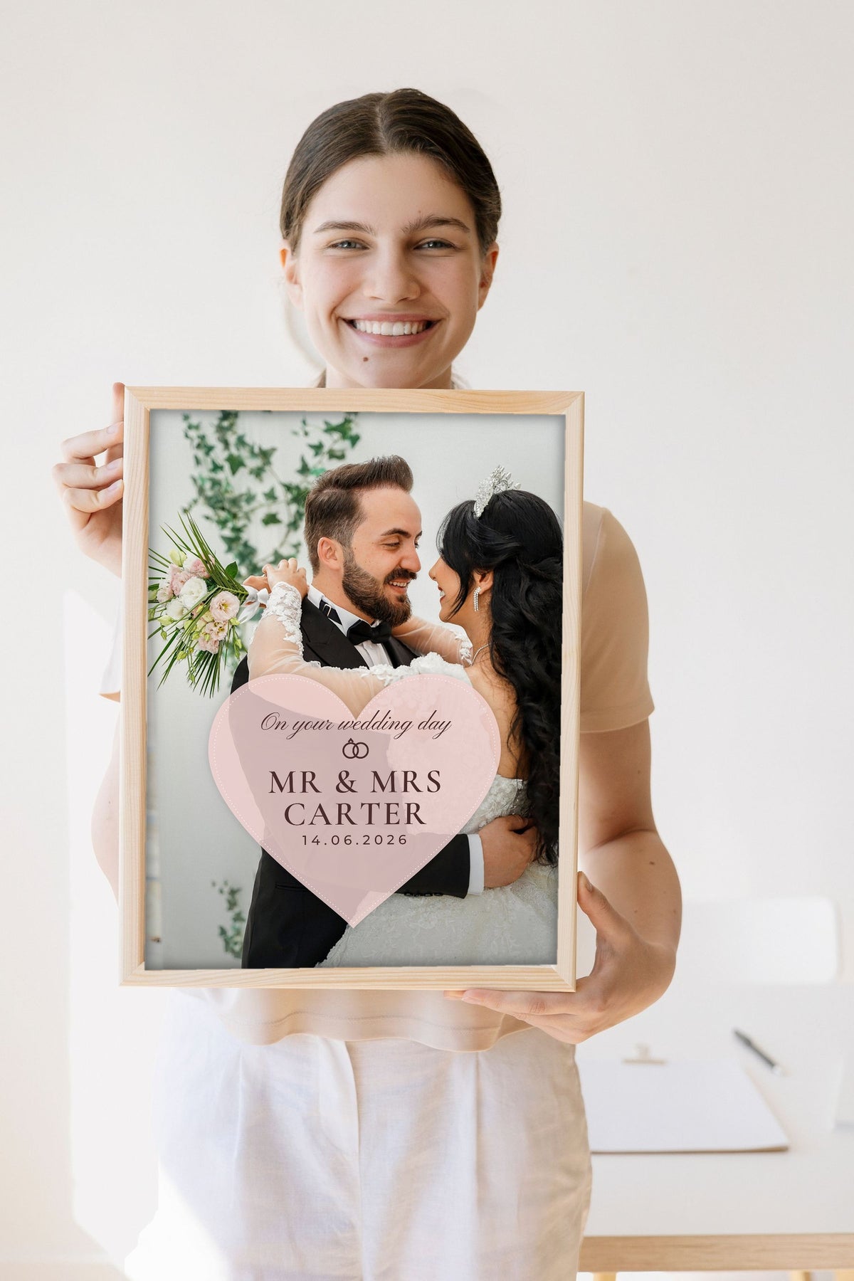 Personalised Wedding Day Photo Print - Lifestyle - held by a smiling woman