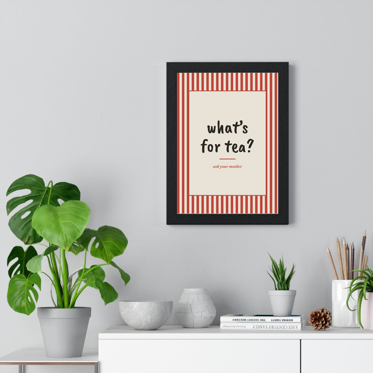 What's For Tea Print framed on a living room wall