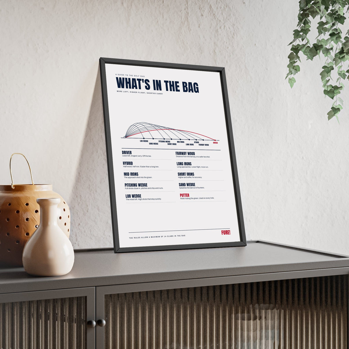 What's in the Bag Golf print framed and leaning on a sideboard