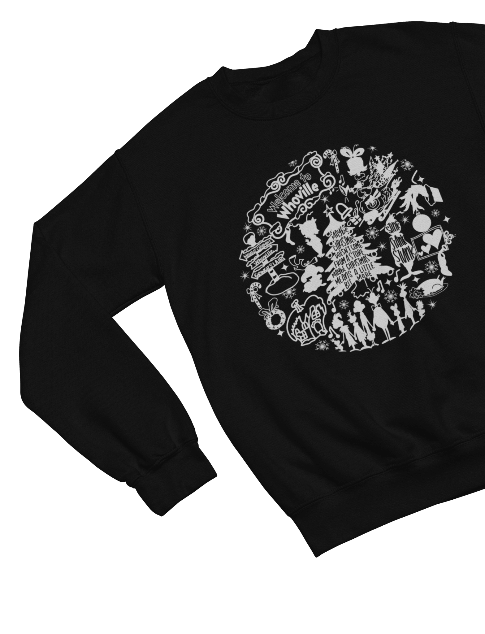 White t-shirt with Whoville Christmas Sweatshirt & Grinch Inspired Design