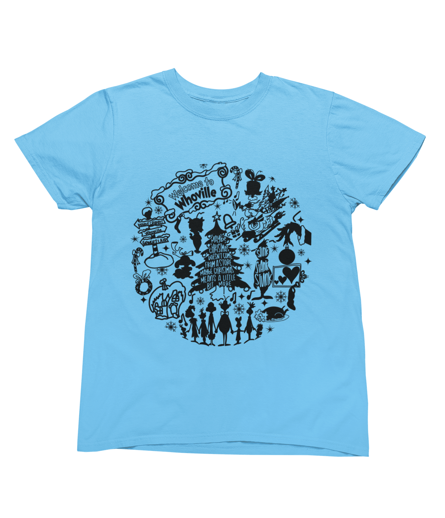 White t-shirt with Whoville Christmas Sweatshirt & Grinch Inspired Design