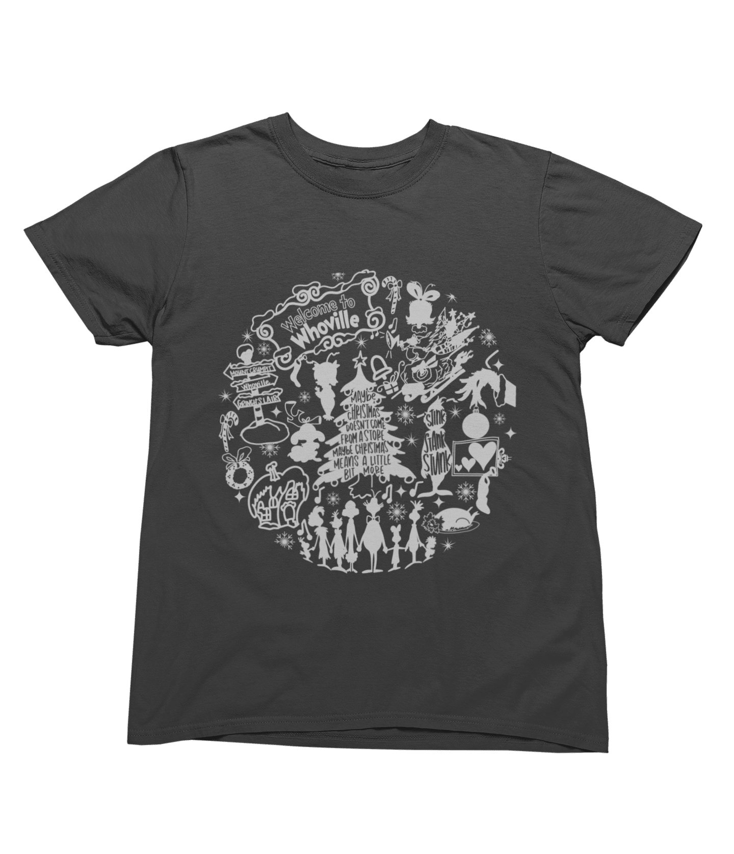 Grey t-shirt with Whoville Christmas Sweatshirt & Grinch Inspired Design