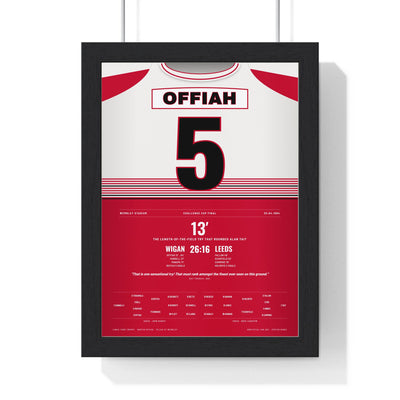 Wigan Warriors Challenge Cup Final 1994 Poster - Martin Offiah 5 Wembley Try Rugby Print framed in a black frame, ready to hang