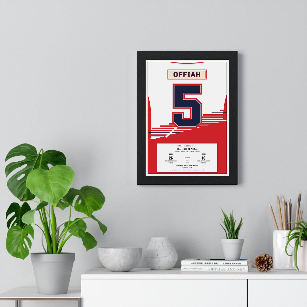 Wigan Challenge Cup Final 1994 Offiah 5 print framed on a living room wall
