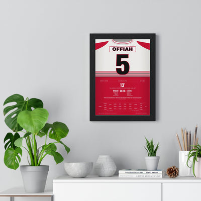 Wigan Warriors Challenge Cup Final 1994 Poster - Martin Offiah 5 Wembley Try Rugby Print framed on a living room wall