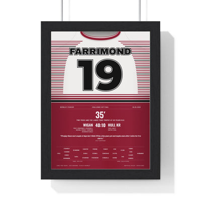 Wigan Warriors Challenge Cup Final 2026 Poster - Jack Farrimond 19 Lance Todd Rugby Print framed in a black frame, ready to hang