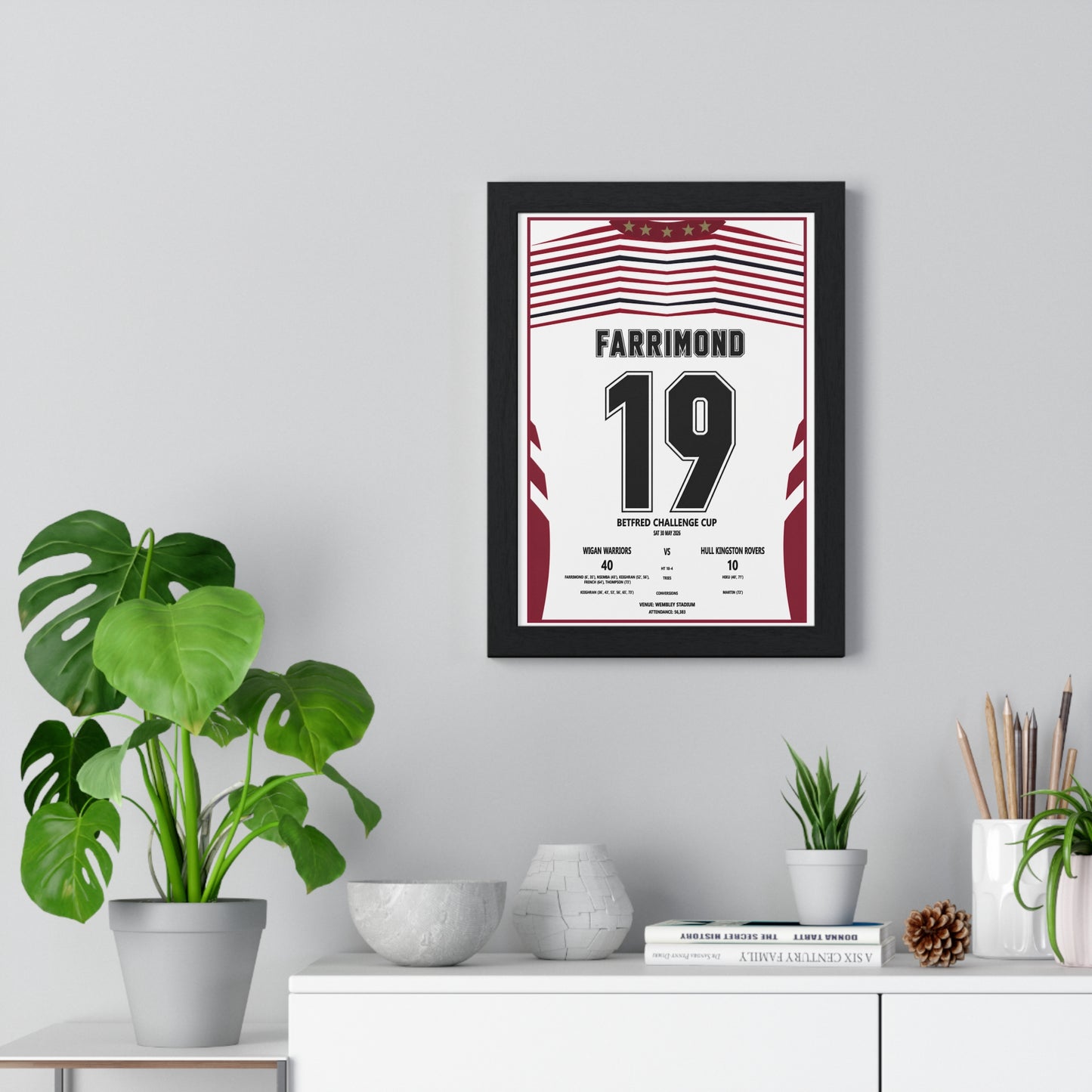 Wigan Warriors Farrimond 19 Challenge Cup poster shown framed on wall