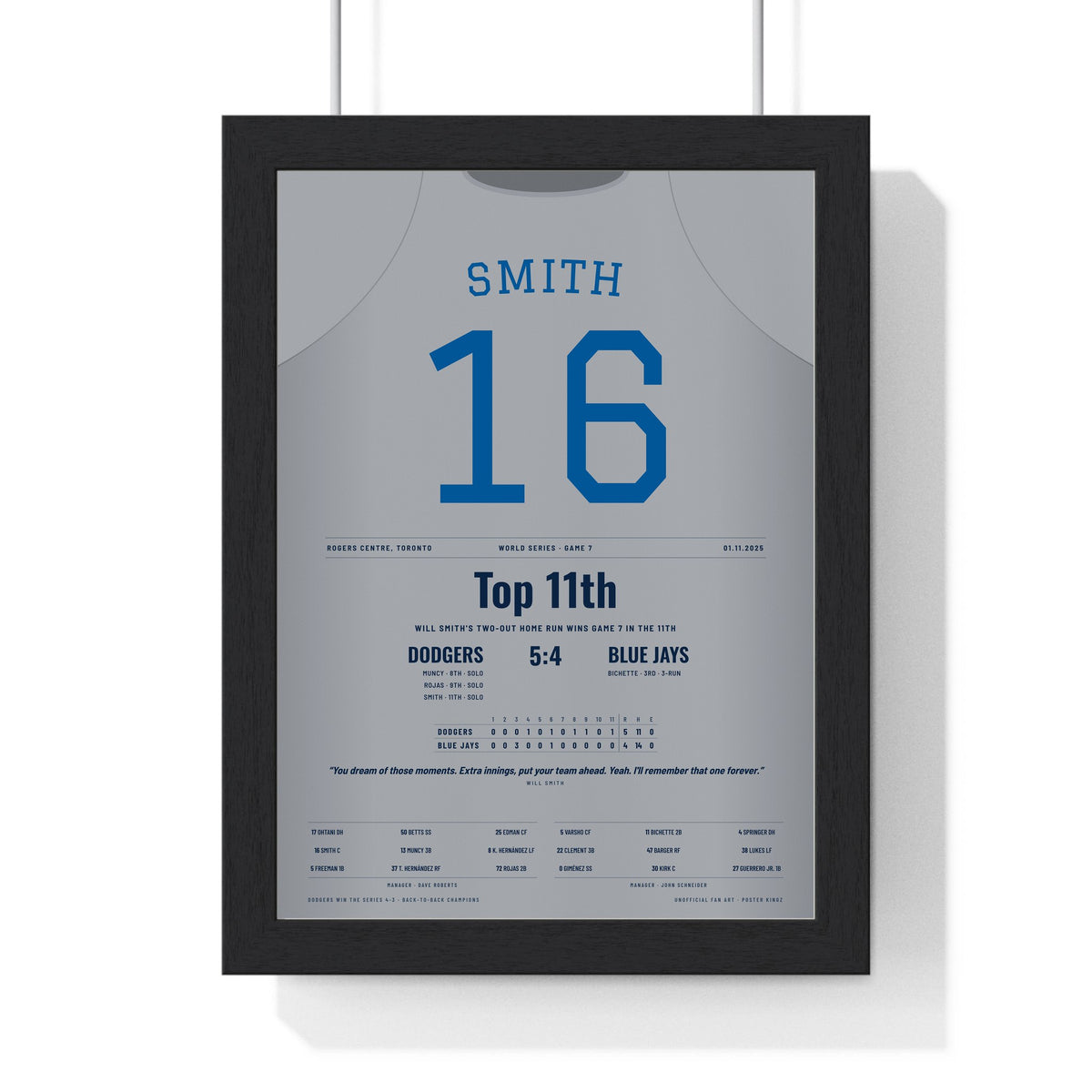 Will Smith 2025 World Series Game 7 Home Run Poster - Los Angeles Dodgers 16 Jersey Print framed in a black frame, ready to hang