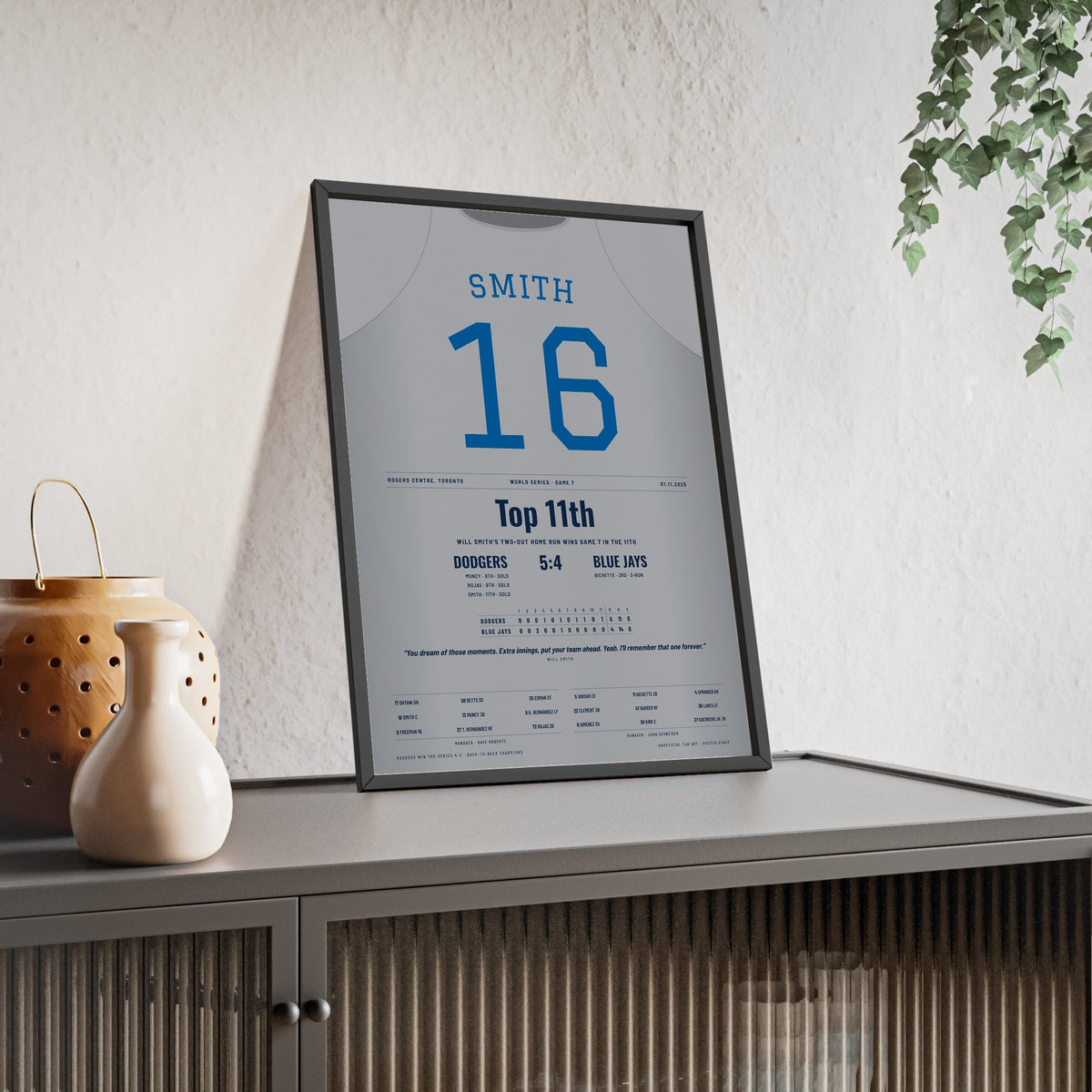 Will Smith 2025 World Series Game 7 Home Run Poster - Los Angeles Dodgers 16 Jersey Print framed and leaning on a sideboard