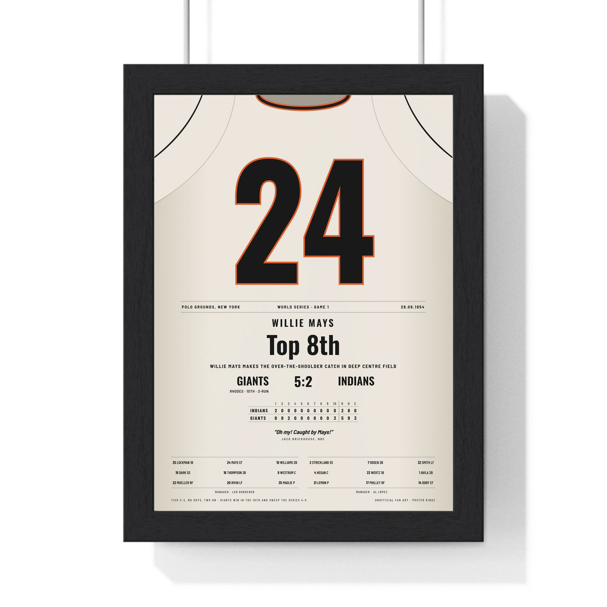 Willie Mays 1954 World Series Game 1 Catch Poster - New York Giants 24 Jersey Print framed in a black frame, ready to hang