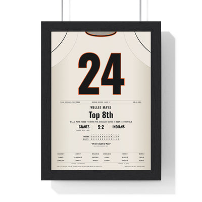 Willie Mays 1954 World Series Game 1 Catch Poster - New York Giants 24 Jersey Print framed in a black frame, ready to hang