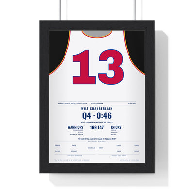 Wilt Chamberlain 100 Points 1962 Poster - Philadelphia Warriors 13 Jersey Print framed in a black frame, ready to hang
