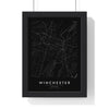 Winchester street map poster in black, minimal city map print framed in a black frame