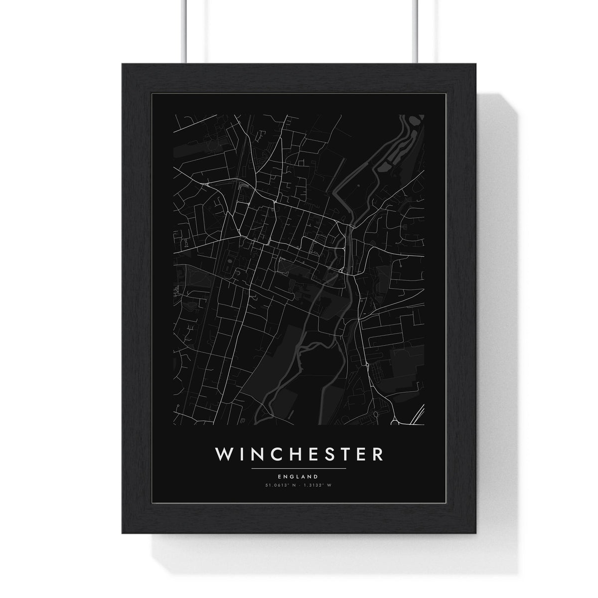 Winchester street map poster in black, minimal city map print framed in a black frame