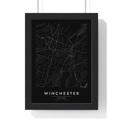 Winchester street map poster in black, minimal city map print framed in a black frame