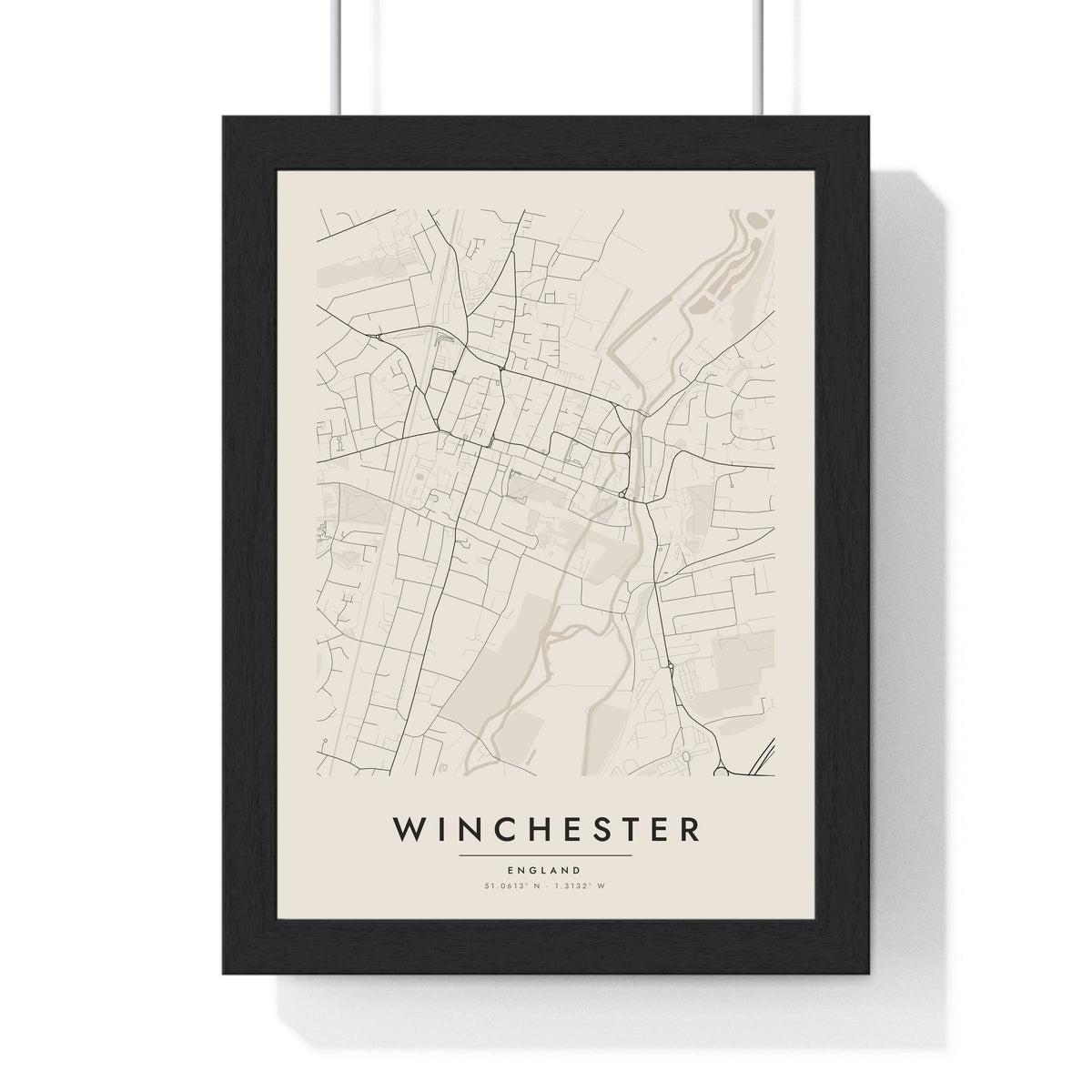 Winchester street map poster in cream, minimal city map print framed in a black frame