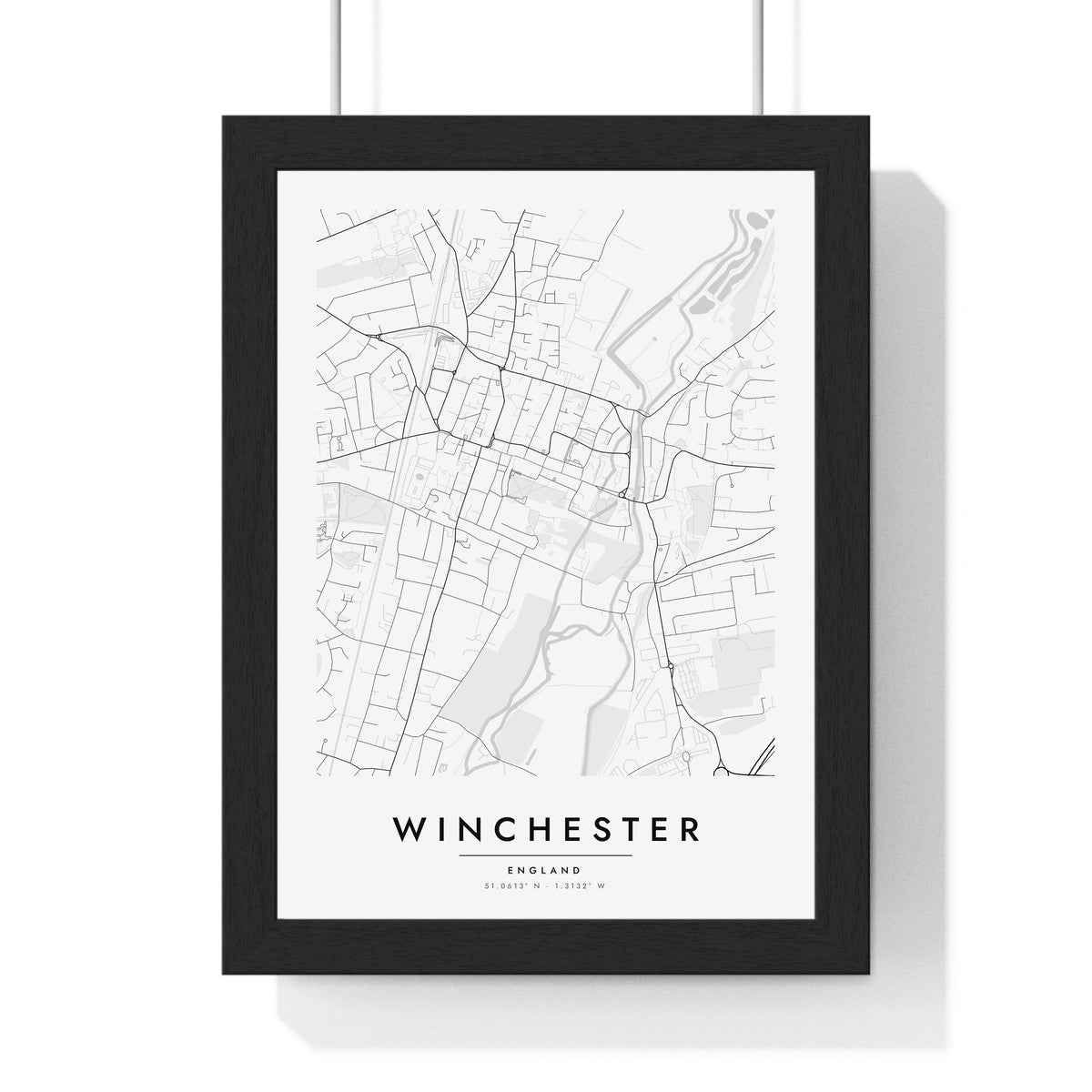 Winchester street map poster in white, minimal city map print framed in a black frame