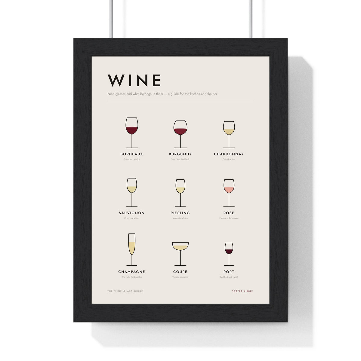 Wine Glass Guide print framed in a black frame, ready to hang