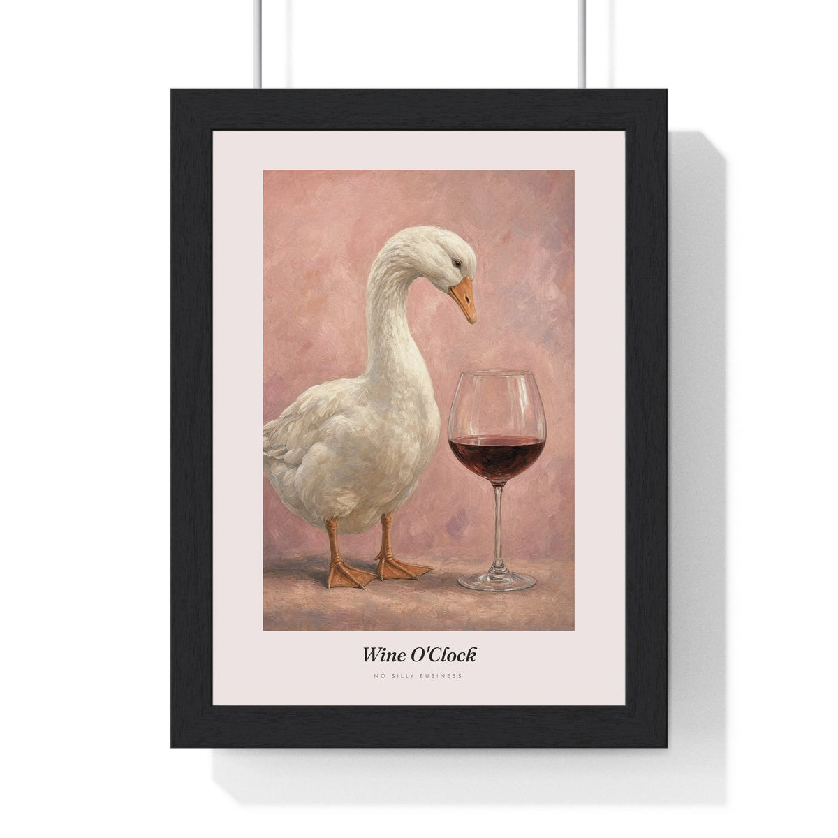 Wine O'Clock Goose Print framed in a black frame, ready to hang