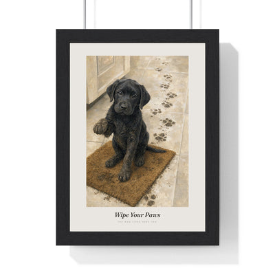 Wipe Your Paws Print framed in a black frame, ready to hang