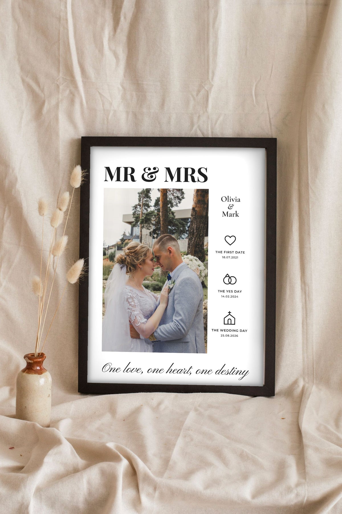 Personalised Mr & Mrs Photo Print - Lifestyle - leaning in a frame with dried flowers