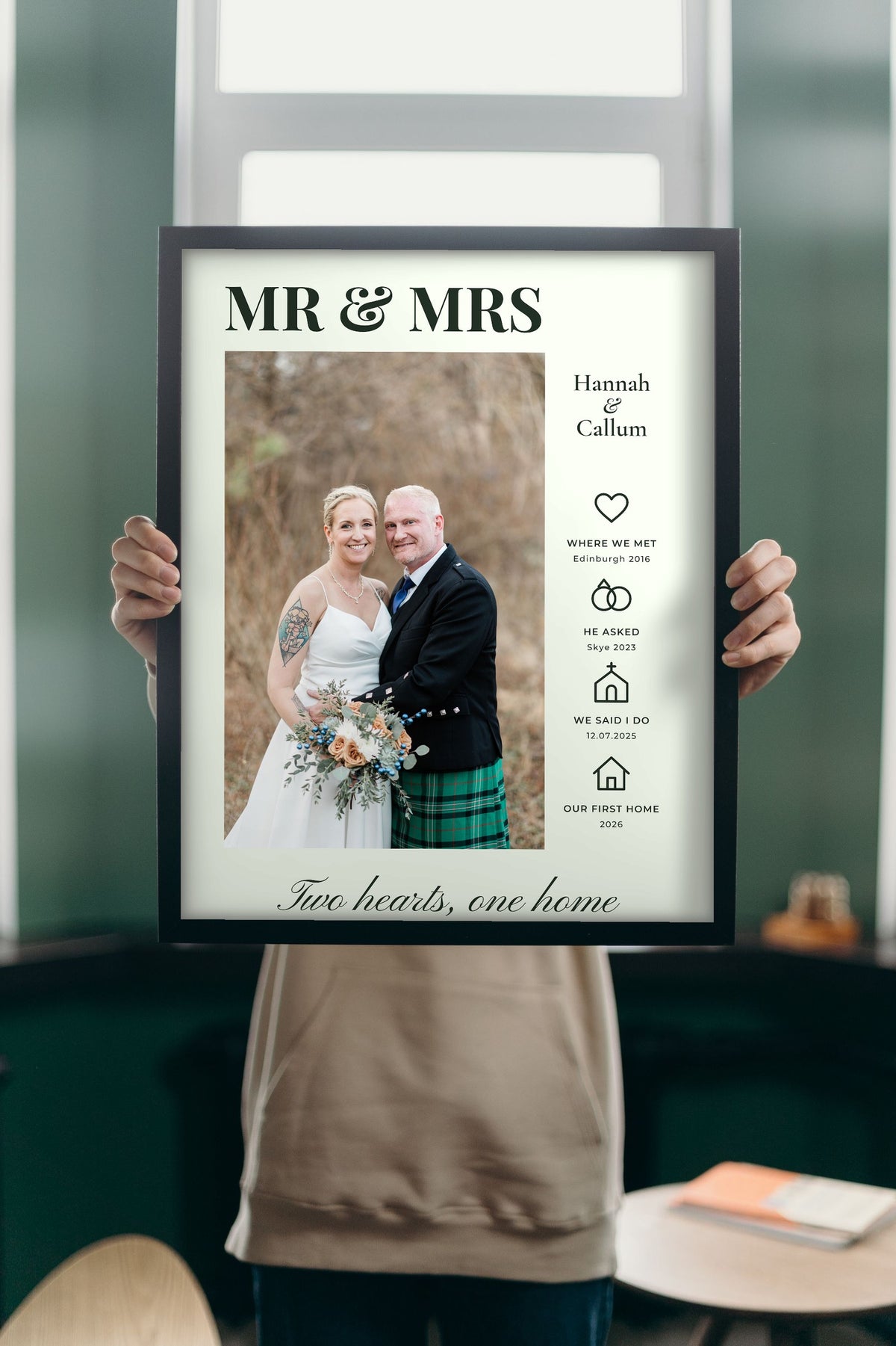 Personalised Mr & Mrs Photo Print - Lifestyle - held up in a bright room