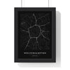 Wolverhampton street map poster in black, minimal city map print framed in a black frame