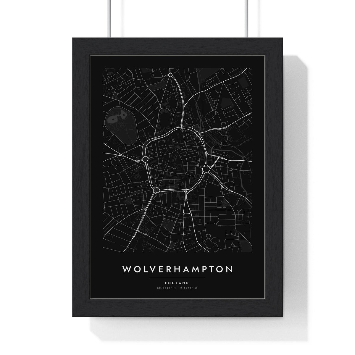 Wolverhampton street map poster in black, minimal city map print framed in a black frame