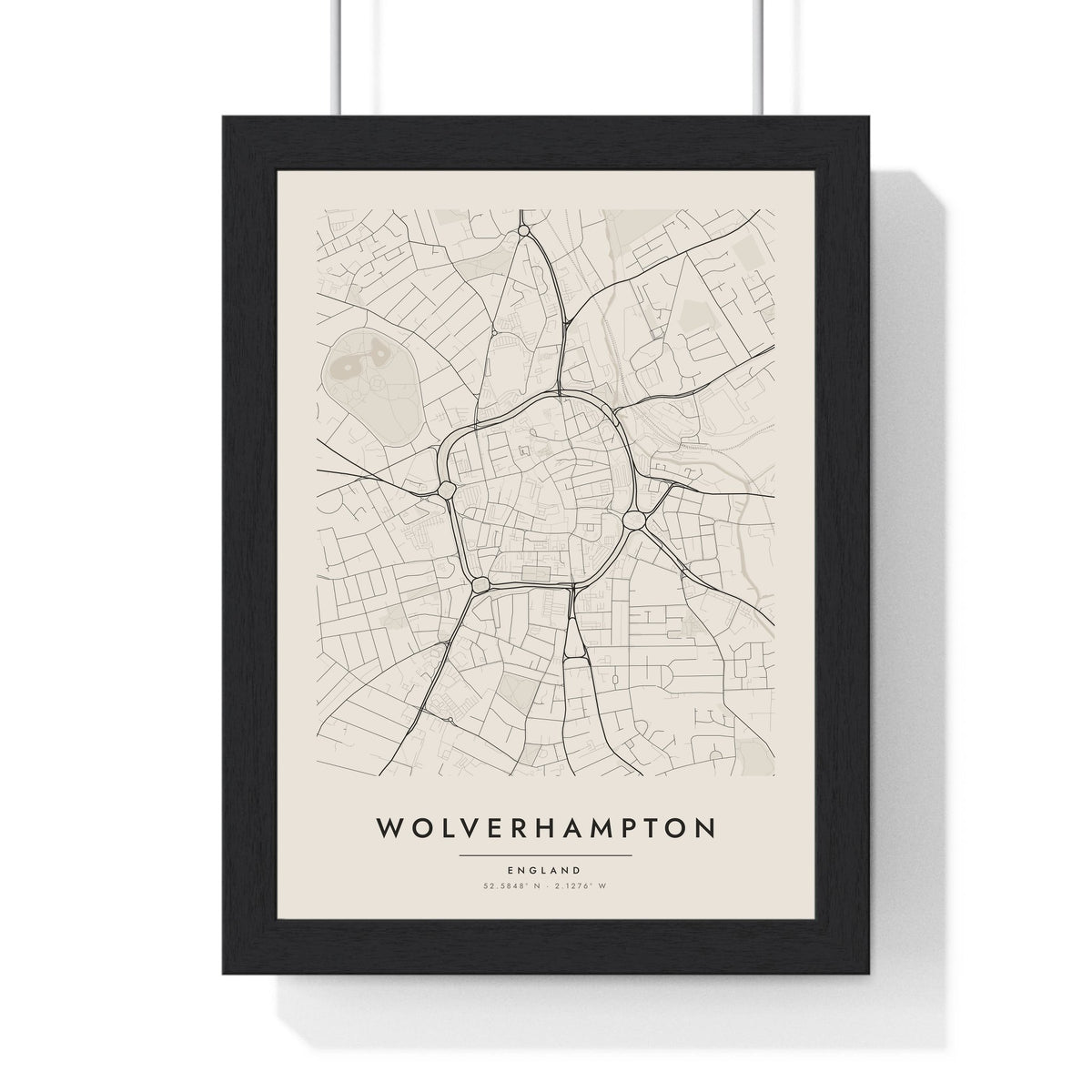 Wolverhampton street map poster in cream, minimal city map print framed in a black frame