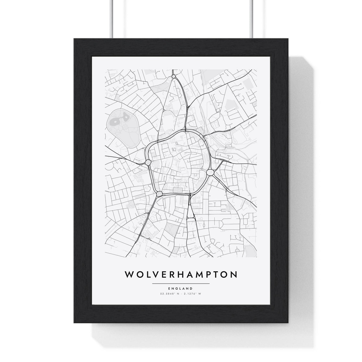 Wolverhampton street map poster in white, minimal city map print framed in a black frame