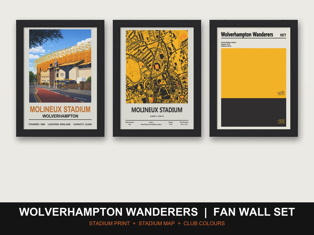 Wolverhampton Wanderers Fan Wall Set | Molineux Print, Stadium Map & Club Colours