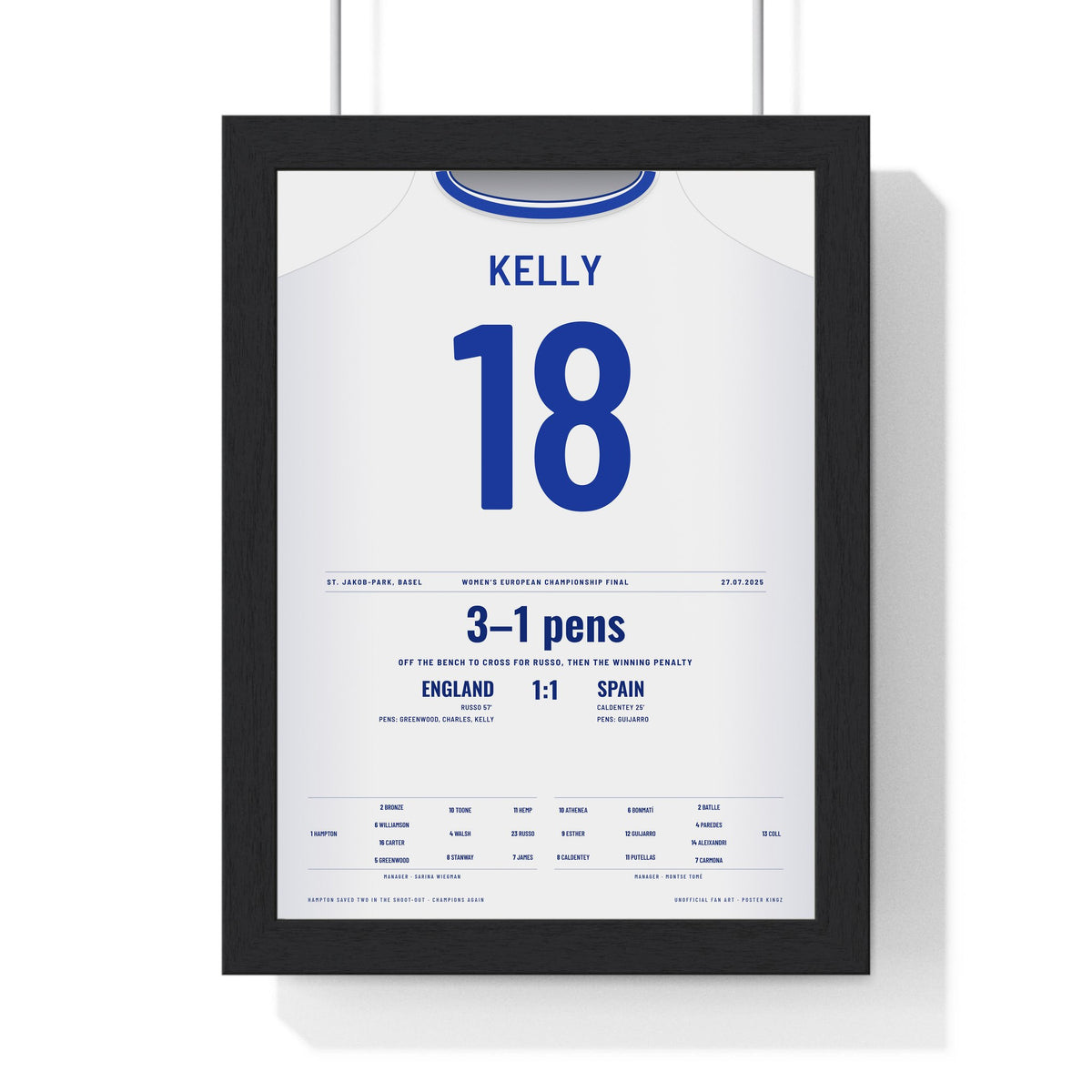 England Lionesses Women's Euro 2025 Final Poster - Chloe Kelly 18 Winning Penalty Shirt Print framed in a black frame, ready to hang