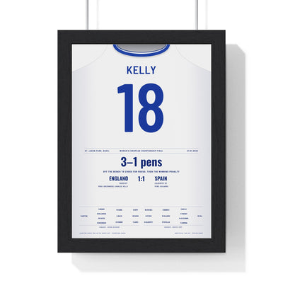 England Lionesses Women's Euro 2025 Final Poster - Chloe Kelly 18 Winning Penalty Shirt Print framed in a black frame, ready to hang