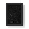 Worcester street map poster in black, minimal city map print framed in a black frame